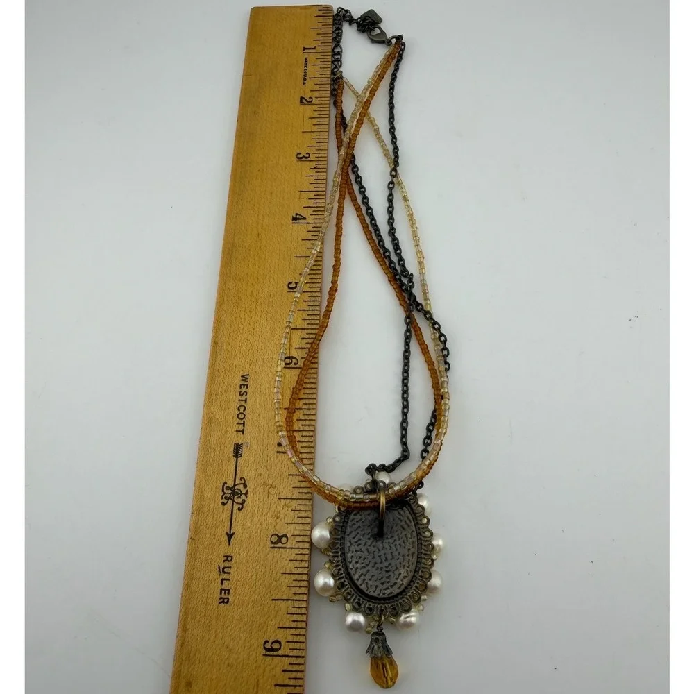 Cookie Lee Cameo Necklace Brown Excellent Multi-Strand Pearl Rhinestone Vintage